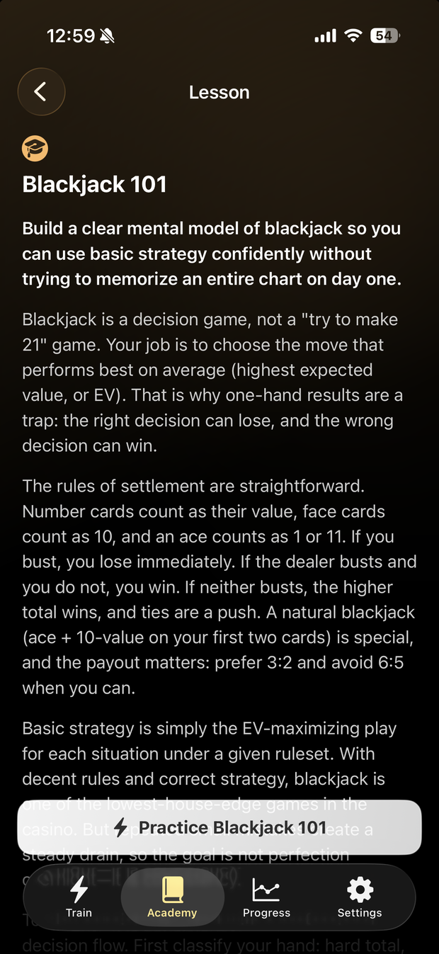 BlackJackal Academy long-form lesson teaching blackjack fundamentals and EV