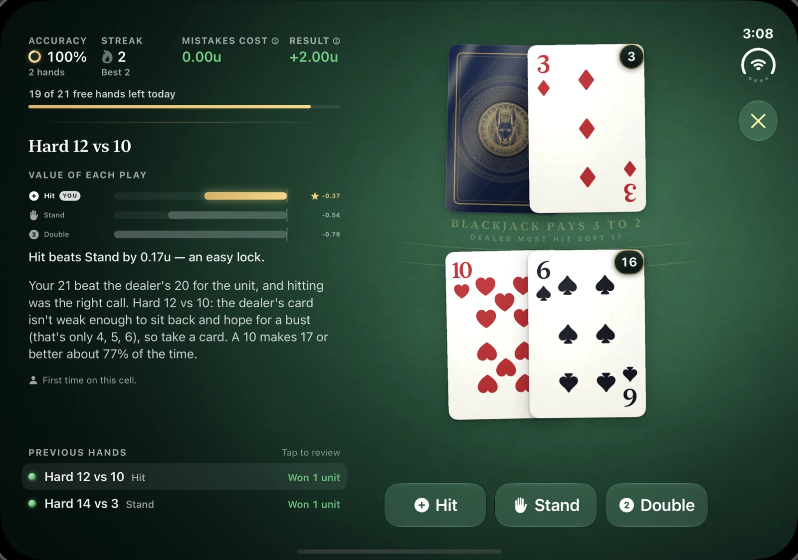 BlackJackal on the open iPhone Duo, held sideways: the session scoreboard, coaching for hard 12 against a 10, and previous hands on the left page; the table and the Hit, Stand and Double controls on the right.