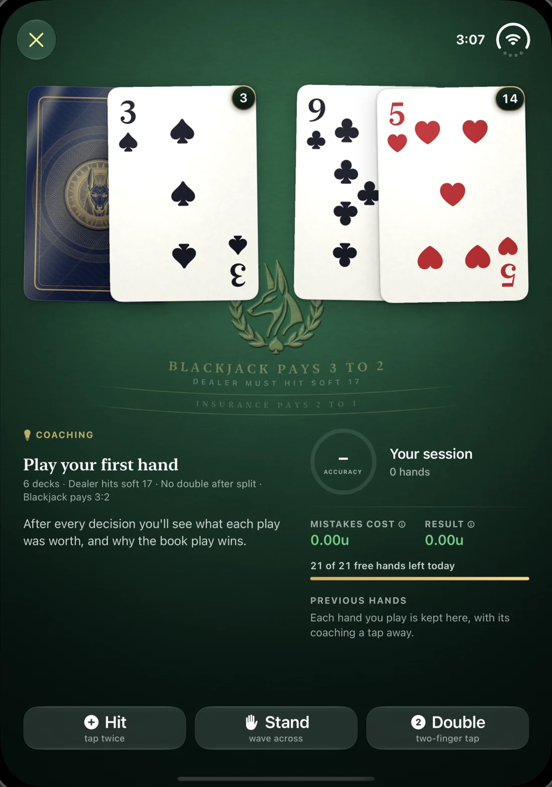 BlackJackal on the open iPhone Duo held upright: the dealer's and player's cards side by side at the top, the felt crest and table rules, then coaching and the session summary, with Hit, Stand and Double at the bottom.