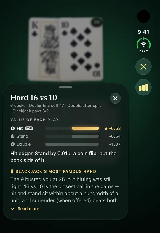 Coaching on the closed iPhone Duo: the value of each play for hard 16 against a 10, and a short lesson.