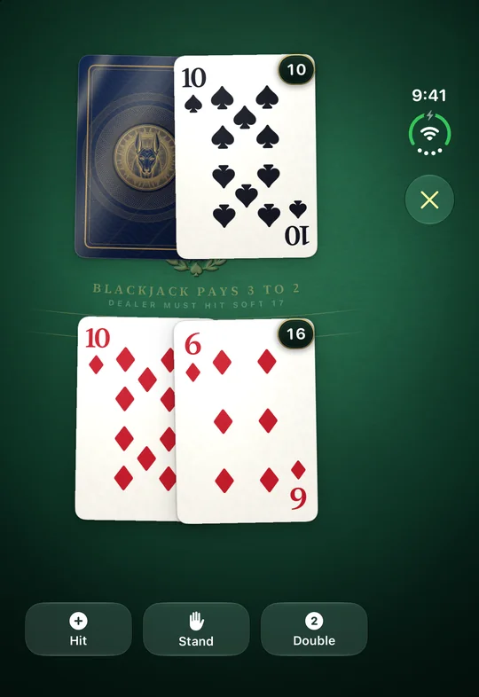 BlackJackal on the closed iPhone Duo: hard 16 against a dealer 10, with Hit, Stand and Double below and the controls in the side bar.