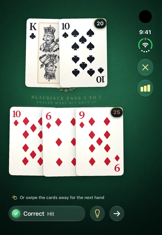 The verdict on the closed iPhone Duo: Correct, Hit, with the coaching bulb and the next-hand arrow.